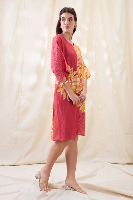Soup By Sougat Paul_Yellow Linen Embroidery Round Neck Ravya Embellished Boxy Dress _Online_at_Aza_Fashions
