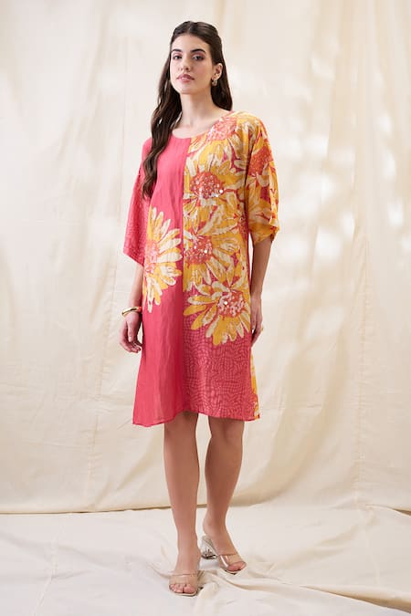 Soup By Sougat Paul Yellow Linen Embroidery Round Neck Ravya Embellished Boxy Dress 