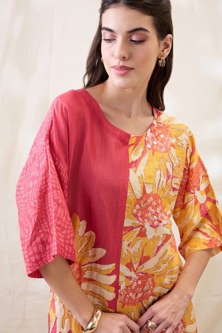 Shop_Soup By Sougat Paul_Yellow Linen Embroidery Round Neck Ravya Embellished Boxy Dress _Online_at_Aza_Fashions