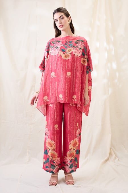 Buy_Soup By Sougat Paul_Pink Linen Embroidery Round Neck Kimono Co-ord Set _Online_at_Aza_Fashions