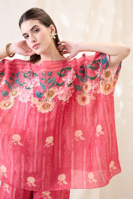 Soup By Sougat Paul_Pink Linen Embroidery Round Neck Kimono Co-ord Set _at_Aza_Fashions