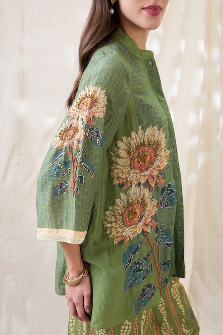 Soup By Sougat Paul_Green Linen Embroidery Collared Ravya Co-ord Set _Online_at_Aza_Fashions