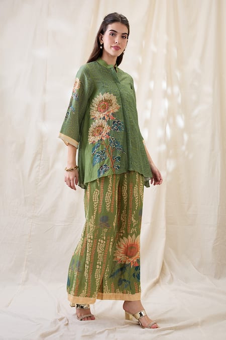 Shop_Soup By Sougat Paul_Green Linen Embroidery Collared Ravya Co-ord Set _Online_at_Aza_Fashions
