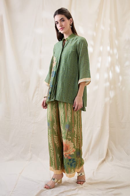 Soup By Sougat Paul_Green Linen Embroidery Collared Ravya Co-ord Set _at_Aza_Fashions