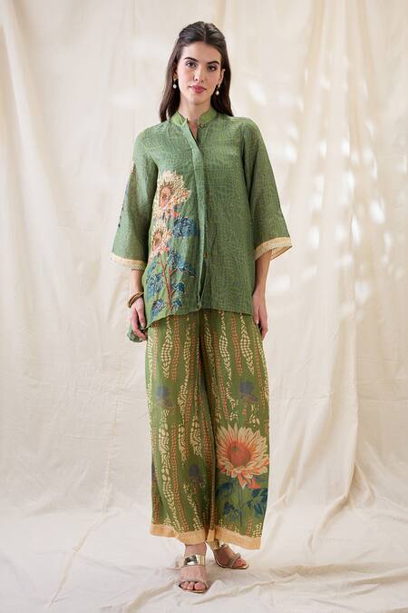 Buy_Soup By Sougat Paul_Green Linen Embroidery Collared Ravya Co-ord Set 