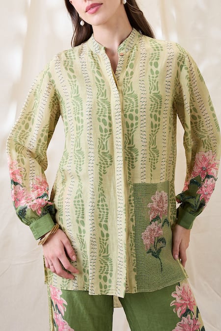 Soup By Sougat Paul_Green Linen Embroidery Mandarin Collar Ravya Embellished Co-ord Set _Online_at_Aza_Fashions