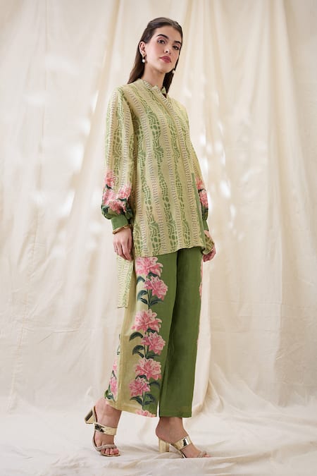 Buy_Soup By Sougat Paul_Green Linen Embroidery Mandarin Collar Ravya Embellished Co-ord Set _Online_at_Aza_Fashions