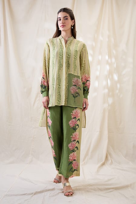 Soup By Sougat Paul Green Linen Embroidery Mandarin Collar Ravya Embellished Co-ord Set 