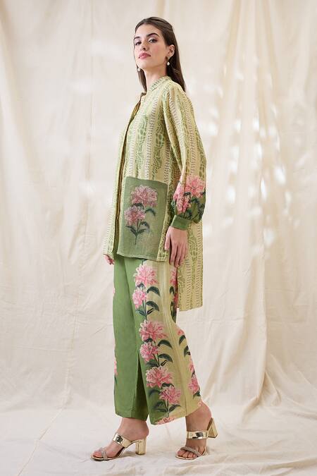 Shop_Soup By Sougat Paul_Green Linen Embroidery Mandarin Collar Ravya Embellished Co-ord Set _Online_at_Aza_Fashions