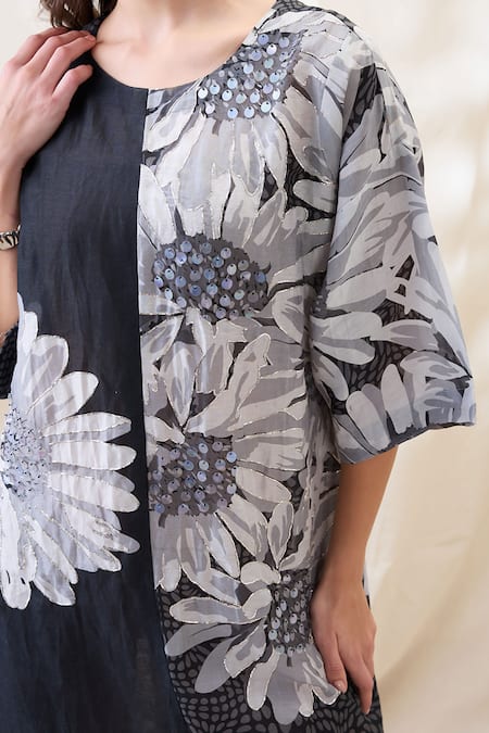 Soup By Sougat Paul_Black Linen Embroidery Round Neck Ravya Embellished Boxy Dress _at_Aza_Fashions