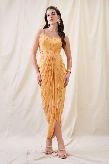 Soup By Sougat Paul_Yellow Crepe Embroidery Scoop Neck Embellished Cape Drape Dress _Online_at_Aza_Fashions