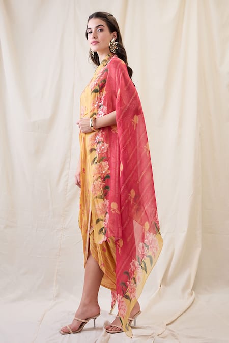 Buy_Soup By Sougat Paul_Yellow Crepe Embroidery Scoop Neck Embellished Cape Drape Dress _Online_at_Aza_Fashions