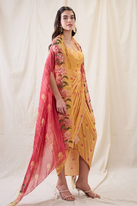 Shop_Soup By Sougat Paul_Yellow Crepe Embroidery Scoop Neck Embellished Cape Drape Dress _Online_at_Aza_Fashions