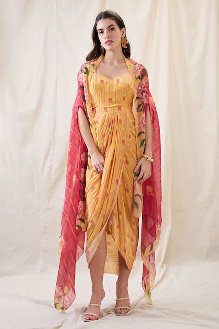Soup By Sougat Paul Yellow Crepe Embroidery Scoop Neck Embellished Cape Drape Dress 