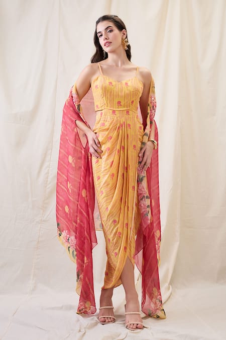 Soup By Sougat Paul_Yellow Crepe Embroidery Scoop Neck Embellished Cape Drape Dress _at_Aza_Fashions