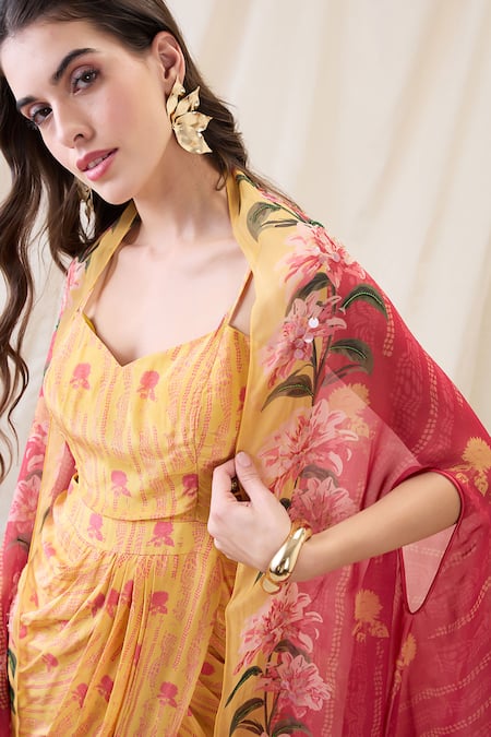 Buy_Soup By Sougat Paul_Yellow Crepe Embroidery Scoop Neck Embellished Cape Drape Dress 