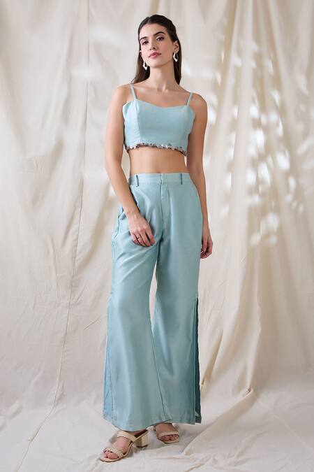 Soup By Sougat Paul_Green Cotton, Chanderi Embroidery, Sequins Round Neck, Square Jacket Co-ord Set _Online_at_Aza_Fashions