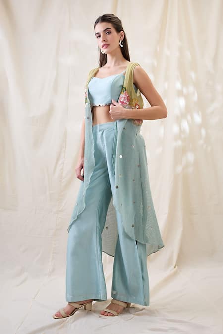 Shop_Soup By Sougat Paul_Green Cotton, Chanderi Embroidery, Sequins Round Neck, Square Jacket Co-ord Set _Online_at_Aza_Fashions