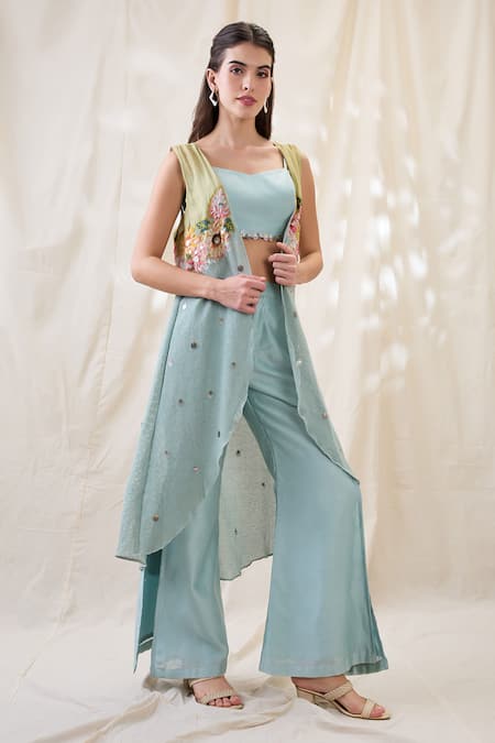 Soup By Sougat Paul_Green Cotton, Chanderi Embroidery, Sequins Round Neck, Square Jacket Co-ord Set _at_Aza_Fashions