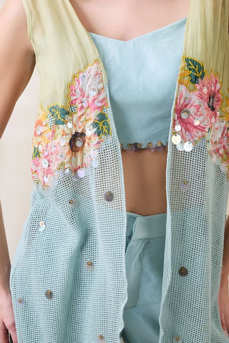 Buy_Soup By Sougat Paul_Green Cotton, Chanderi Embroidery, Sequins Round Neck, Square Jacket Co-ord Set 