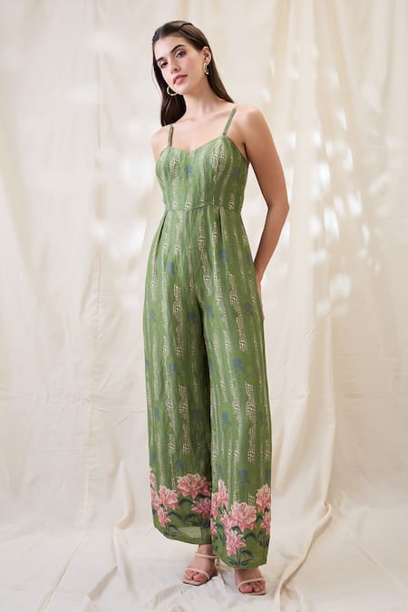 Soup By Sougat Paul_Green Linen Embroidery Round Neck Ravya Jumpsuit Set _Online_at_Aza_Fashions