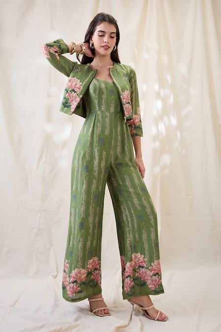 Buy_Soup By Sougat Paul_Green Linen Embroidery Round Neck Ravya Jumpsuit Set _Online_at_Aza_Fashions