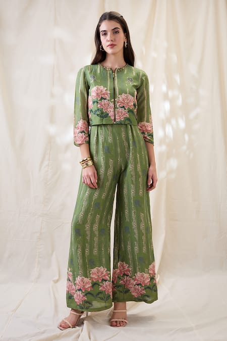 Shop_Soup By Sougat Paul_Green Linen Embroidery Round Neck Ravya Jumpsuit Set _Online_at_Aza_Fashions
