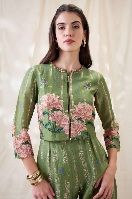 Soup By Sougat Paul_Green Linen Embroidery Round Neck Ravya Jumpsuit Set _at_Aza_Fashions