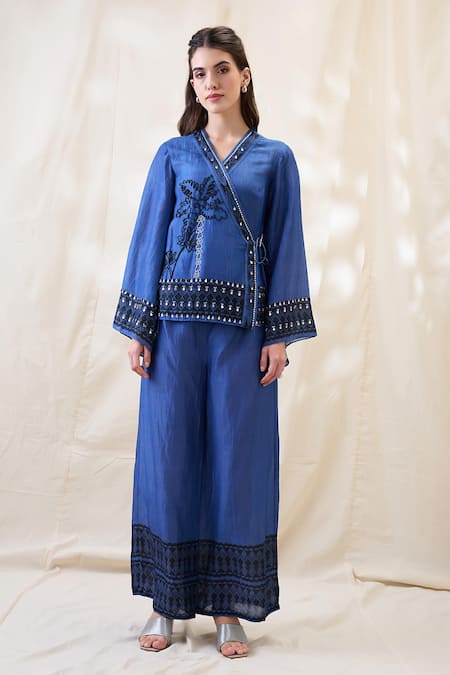 Soup By Sougat Paul_Blue Linen Mirrors, Tassels Open Neck Noorani Embellished Angrakha Set _Online_at_Aza_Fashions