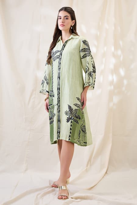 Soup By Sougat Paul_Green Linen, Crepe Embroidery Collared Embellished Boxy Dress _Online_at_Aza_Fashions