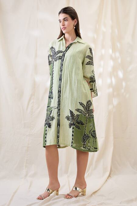 Buy_Soup By Sougat Paul_Green Linen, Crepe Embroidery Collared Embellished Boxy Dress _Online_at_Aza_Fashions