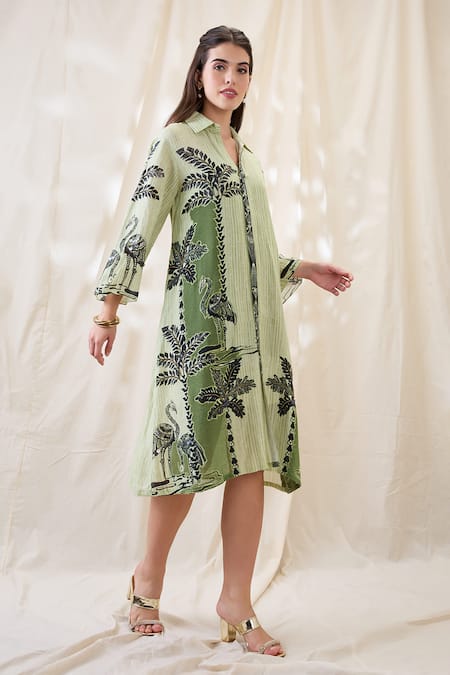 Shop_Soup By Sougat Paul_Green Linen, Crepe Embroidery Collared Embellished Boxy Dress _Online_at_Aza_Fashions