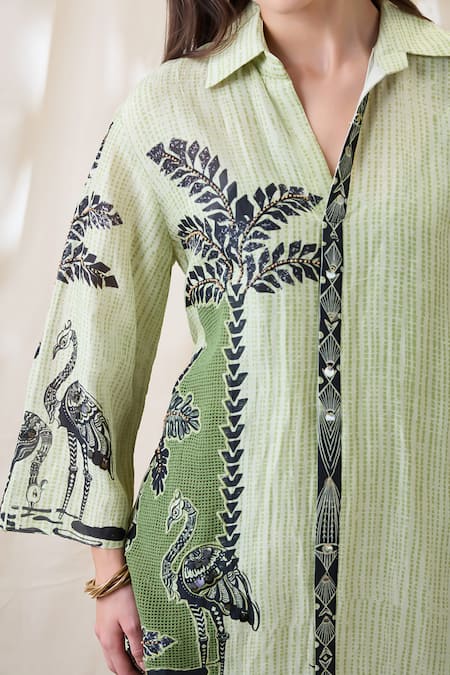 Soup By Sougat Paul_Green Linen, Crepe Embroidery Collared Embellished Boxy Dress _at_Aza_Fashions