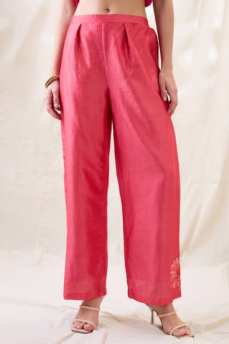 Soup By Sougat Paul_Pink Cotton, Net, Chanderi Embroidery Crew Neck Ravya Appliqued Co-ord Set _Online_at_Aza_Fashions