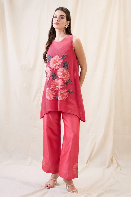 Buy_Soup By Sougat Paul_Pink Cotton, Net, Chanderi Embroidery Crew Neck Ravya Appliqued Co-ord Set _Online_at_Aza_Fashions