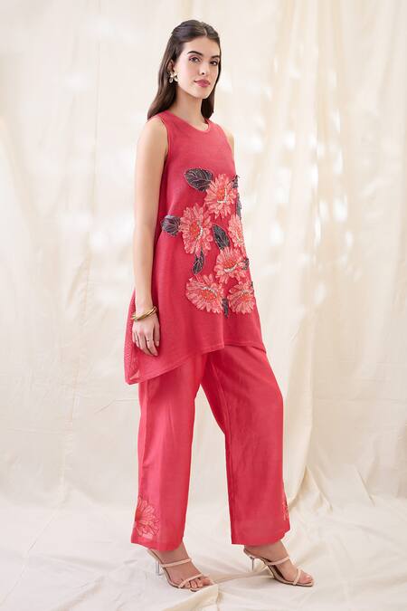 Shop_Soup By Sougat Paul_Pink Cotton, Net, Chanderi Embroidery Crew Neck Ravya Appliqued Co-ord Set _Online_at_Aza_Fashions