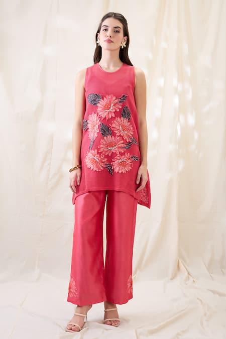 Soup By Sougat Paul Pink Cotton, Net, Chanderi Embroidery Crew Neck Ravya Appliqued Co-ord Set 