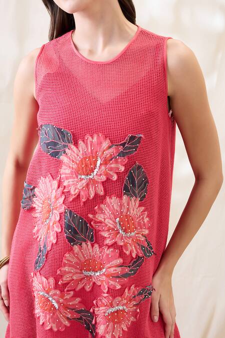 Soup By Sougat Paul_Pink Cotton, Net, Chanderi Embroidery Crew Neck Ravya Appliqued Co-ord Set _at_Aza_Fashions