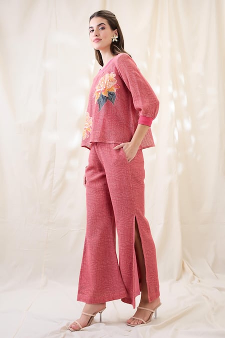 Soup By Sougat Paul Pink Cotton, Net Embroidery Round Neck Ravya Appliqued Co-ord Set Online at Aza Fashions Soup By Sougat Paul_Pink Cotton, Net Embroidery Round Neck Ravya Appliqued Co-ord Set _Online_at_Aza_Fashions