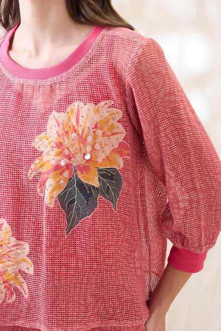 Shop Soup By Sougat Paul Pink Cotton, Net Embroidery Round Neck Ravya Appliqued Co-ord Set Online at Aza Fashions Shop_Soup By Sougat Paul_Pink Cotton, Net Embroidery Round Neck Ravya Appliqued Co-ord Set _Online_at_Aza_Fashions