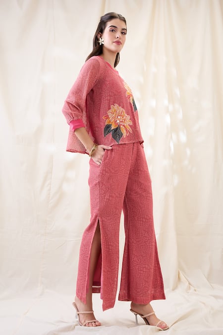 Soup By Sougat Paul Pink Cotton, Net Embroidery Round Neck Ravya Appliqued Co-ord Set at Aza Fashions Soup By Sougat Paul_Pink Cotton, Net Embroidery Round Neck Ravya Appliqued Co-ord Set _at_Aza_Fashions