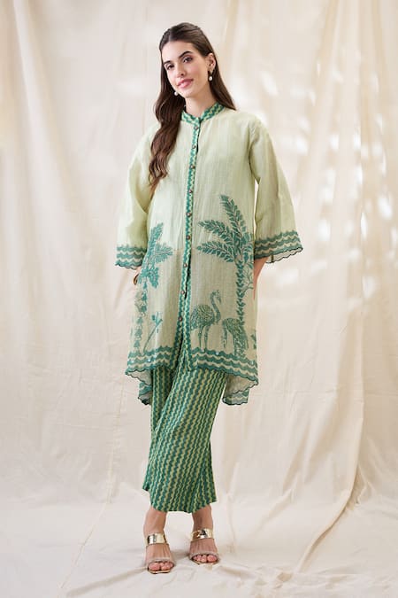 Soup By Sougat Paul Green Linen Embroidery Mandarin Collar Noorani Embellished Kurta Set 