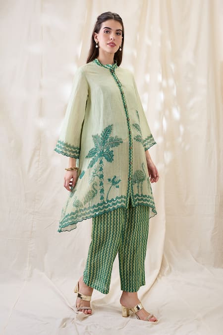 Soup By Sougat Paul_Green Linen Embroidery Mandarin Collar Noorani Embellished Kurta Set _Online_at_Aza_Fashions
