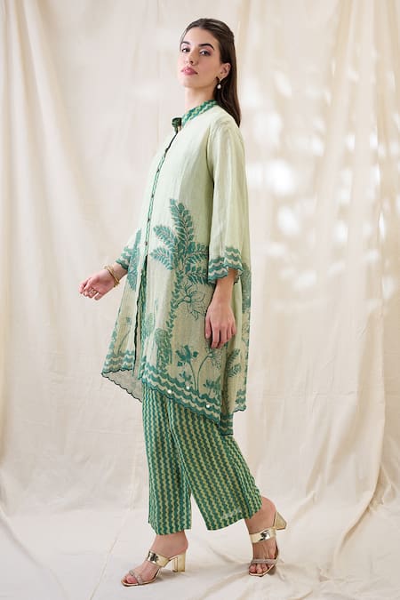 Shop_Soup By Sougat Paul_Green Linen Embroidery Mandarin Collar Noorani Embellished Kurta Set _Online_at_Aza_Fashions