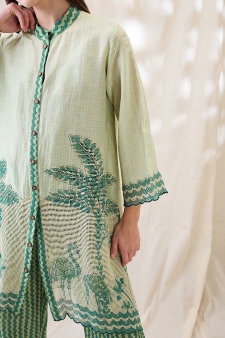 Soup By Sougat Paul_Green Linen Embroidery Mandarin Collar Noorani Embellished Kurta Set _at_Aza_Fashions