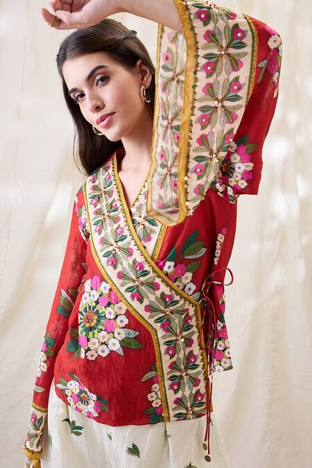 Soup By Sougat Paul_Red Linen Embroidery V-neck Gulzaar Embellished Angrakha Set _Online_at_Aza_Fashions