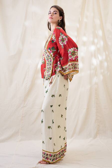 Buy_Soup By Sougat Paul_Red Linen Embroidery V-neck Gulzaar Embellished Angrakha Set _Online_at_Aza_Fashions