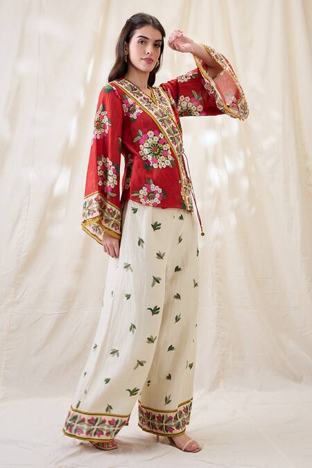 Soup By Sougat Paul_Red Linen Embroidery V-neck Gulzaar Embellished Angrakha Set _at_Aza_Fashions