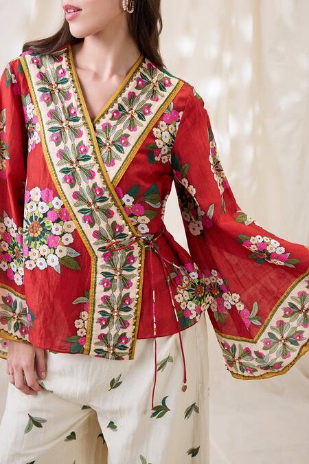 Buy_Soup By Sougat Paul_Red Linen Embroidery V-neck Gulzaar Embellished Angrakha Set 