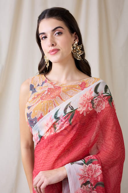 Buy_Soup By Sougat Paul_Pink Organza, Cotton, Net Embroidery Round Embellished Pre-stitched Saree Set _Online_at_Aza_Fashions